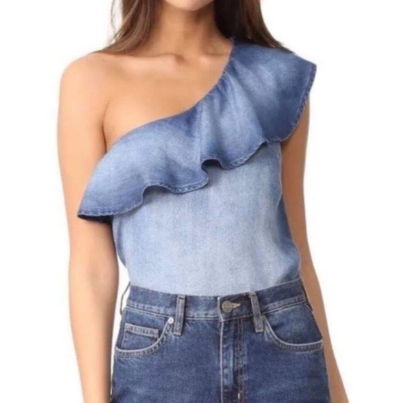 Anthropologie Tops - Anthropologie Anthro Blue Chambray Ruffle One Shoulder Top Shirt Women’s Size XS